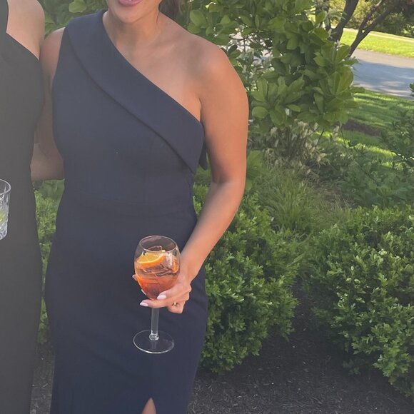 Aqua One-Shoulder Scuba Crêpe Navy Gown - Picture 7 of 7